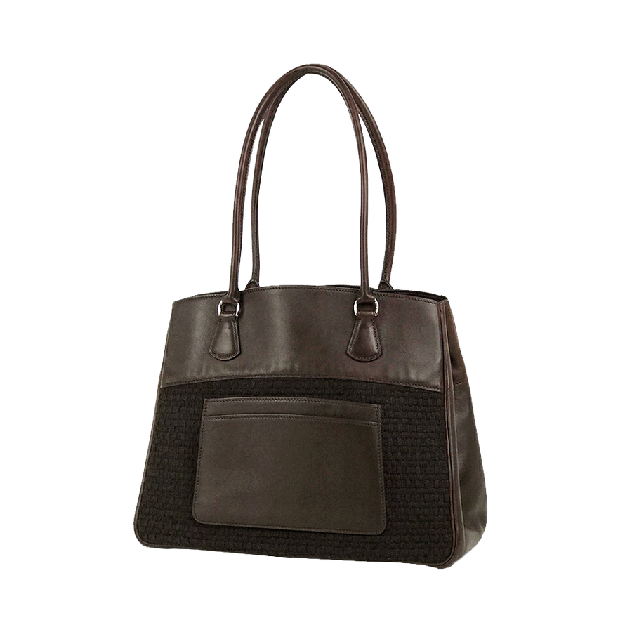 【古着】hermes 爱马仕 □e刻印银扣手提包(2001年)(老花革×布) 黑色